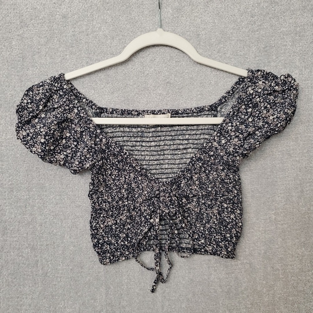 Aeropostale Womens Crop‎ Top Floral Cinch Front Stretch Navy Blue Size XS XSmall